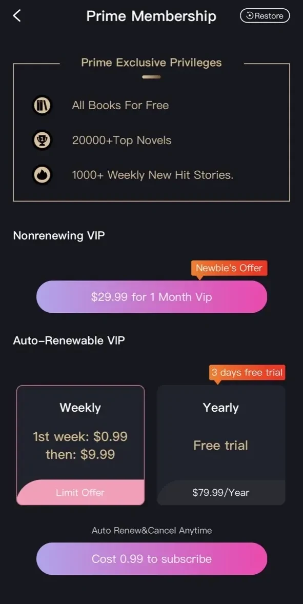 Novelink paywall screen