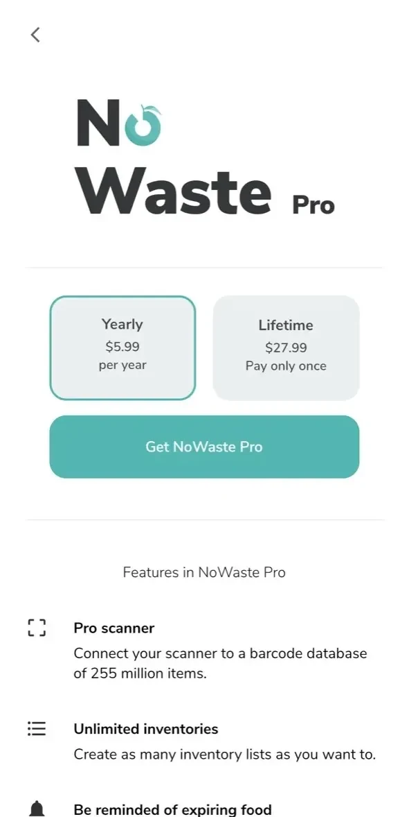 NoWaste paywall screen