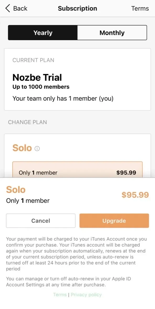Nozbe Personal paywall screen