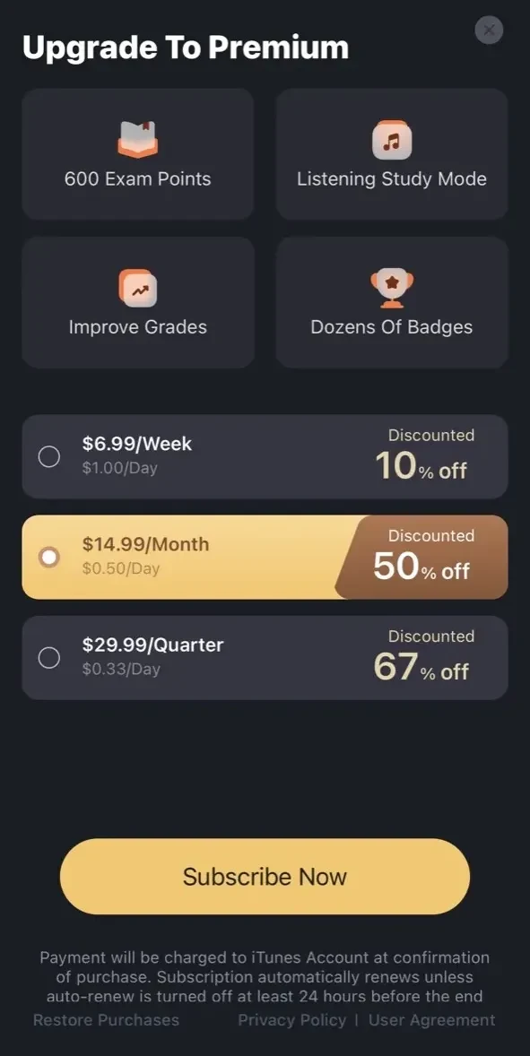 NPTE paywall screen