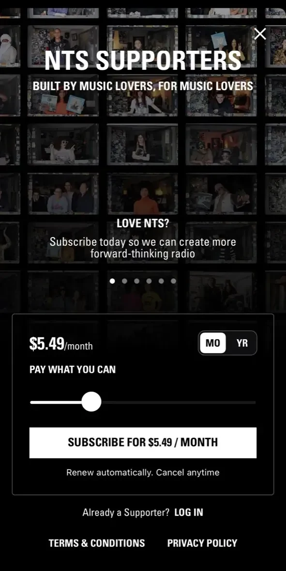 NTS RADIO paywall screen