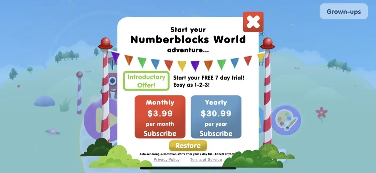 Numberblocks paywall screen