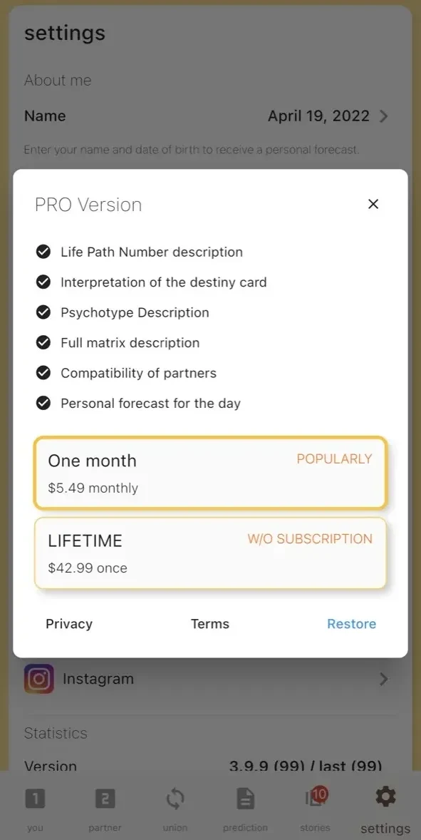 Numerology 69 paywall screen
