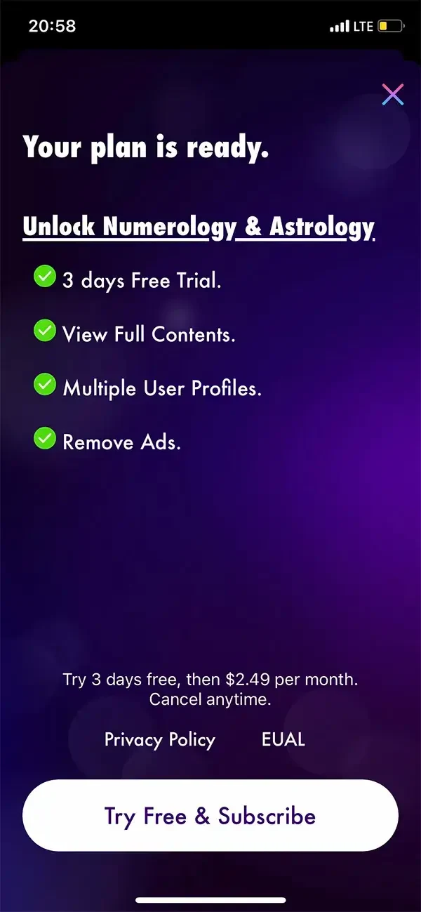 Numerology paywall screen
