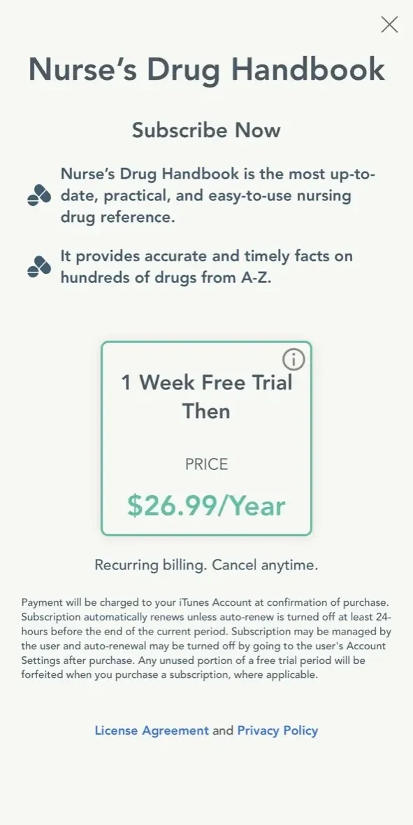 Nurse’s Drug Handbook paywall screen