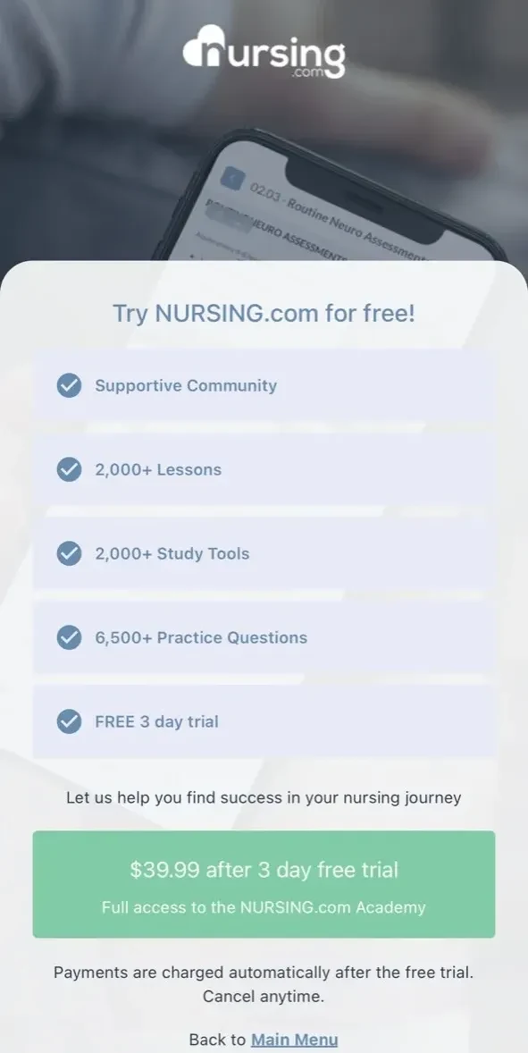 NURSING paywall screen