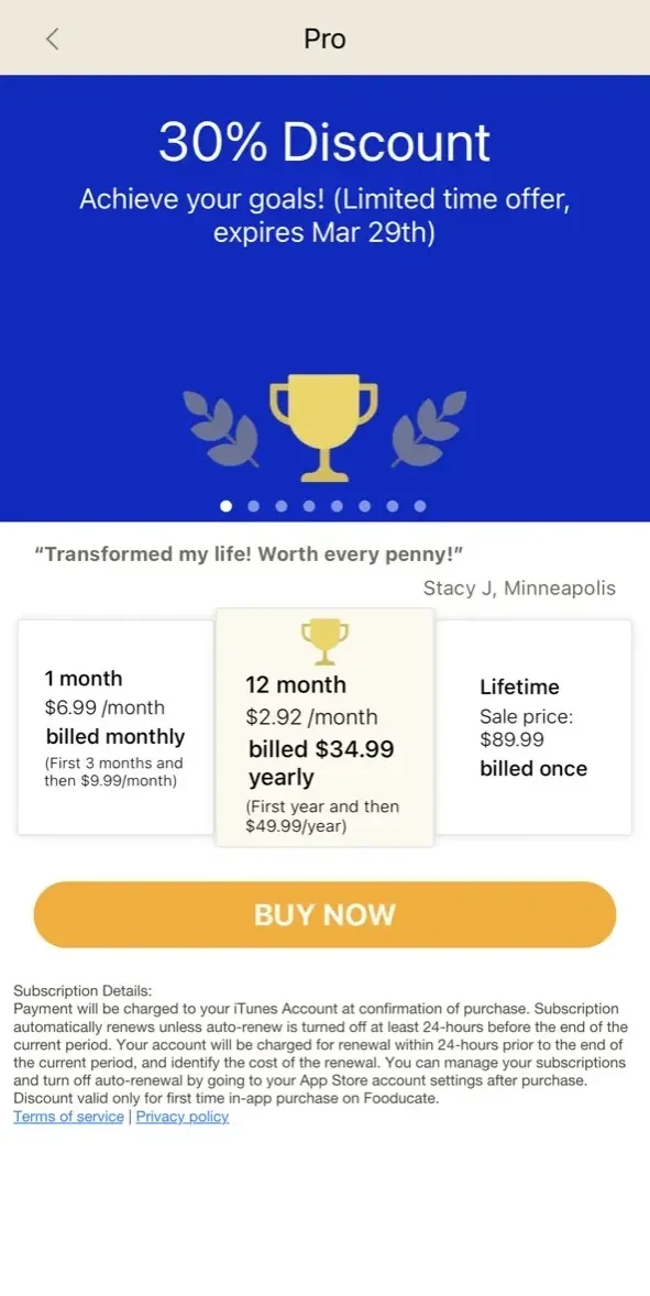 Fooducate paywall screen
