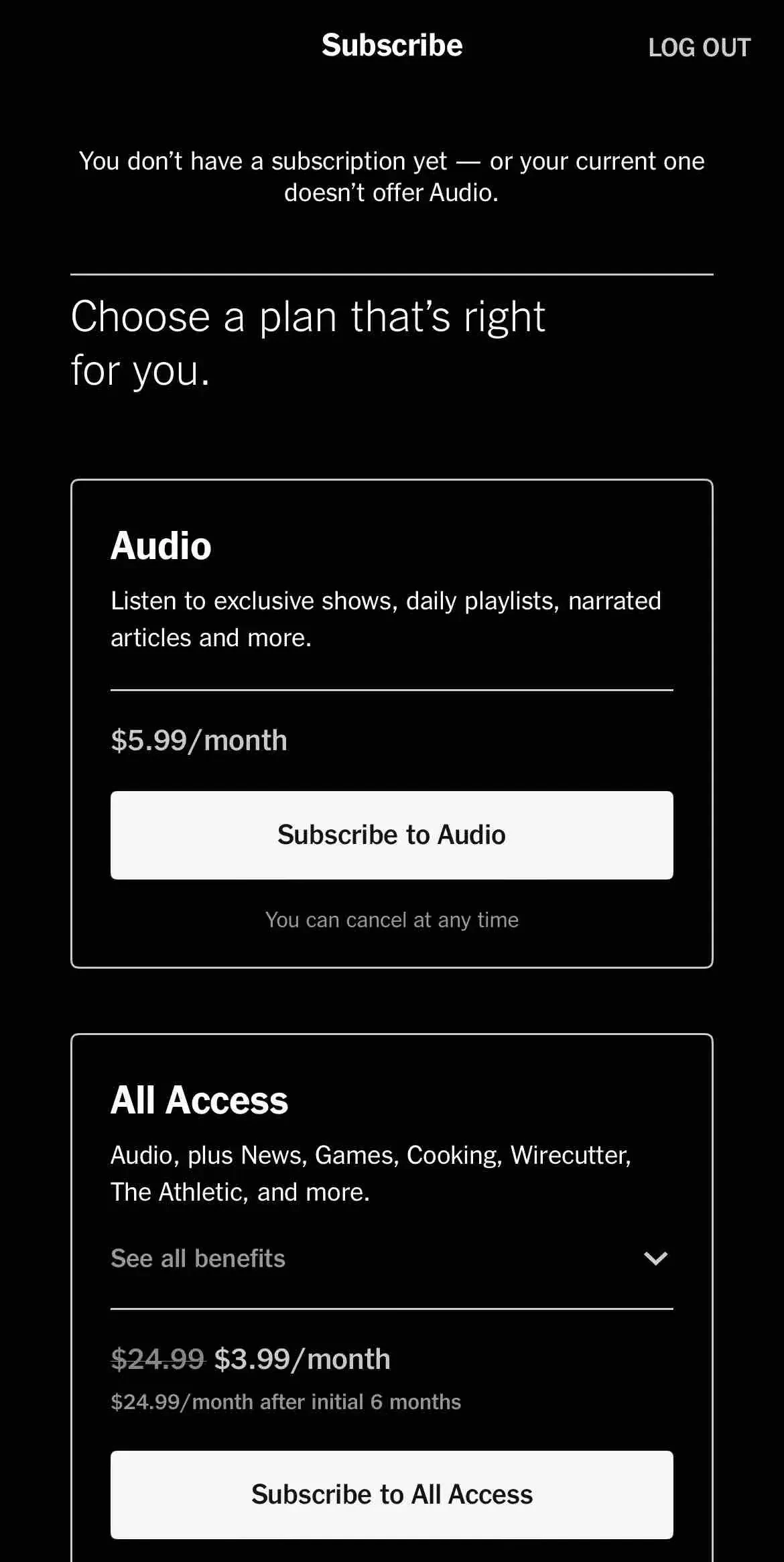 NYT Audio paywall screen