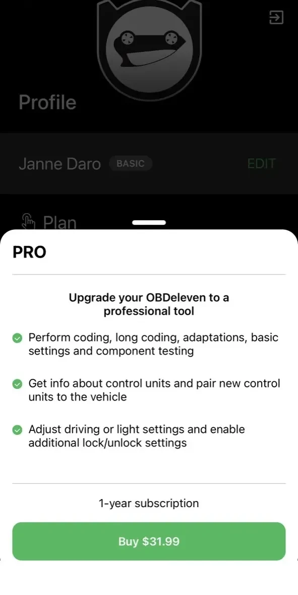 OBDeleven VAG Car diagnostics paywall screen