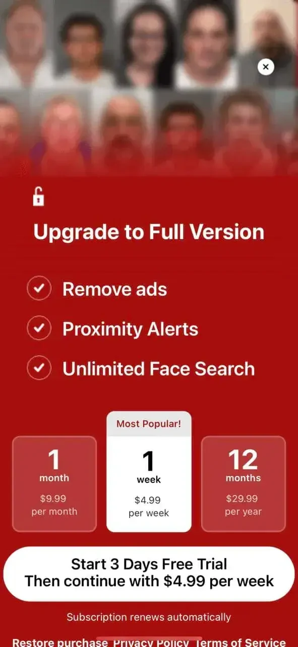 Offender Locator Live Map paywall screen
