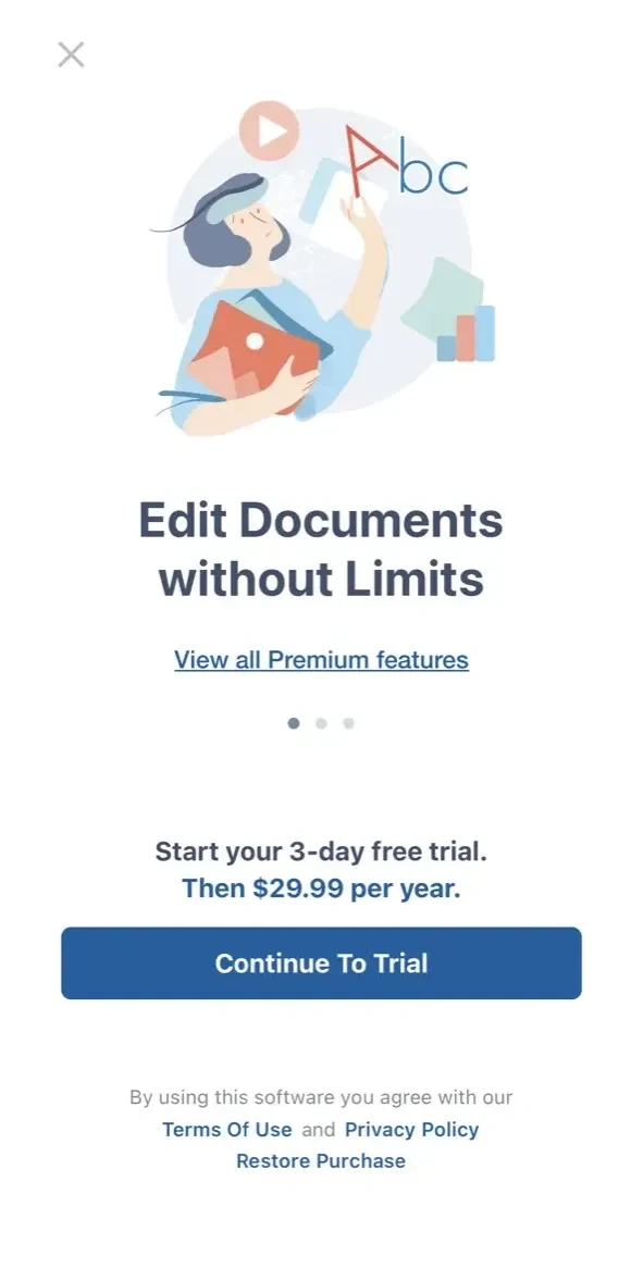 OfficeSuite  editor paywall screen