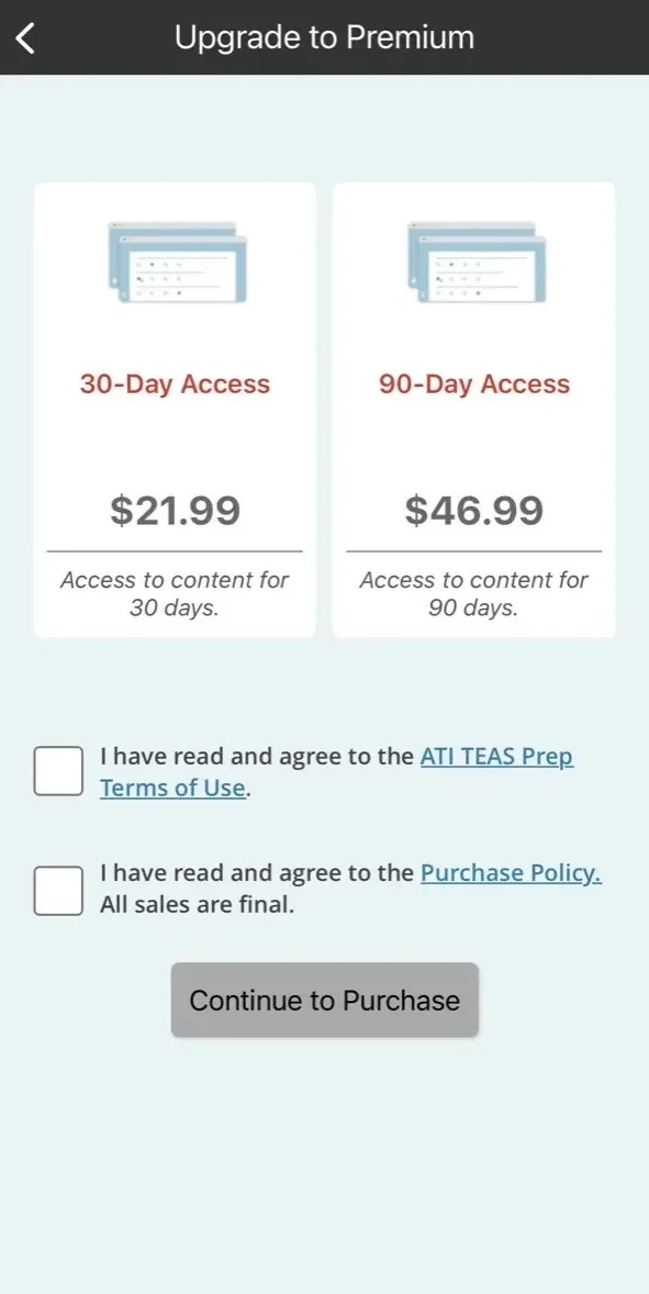 Official ATI TEAS Prep 2024 paywall screen