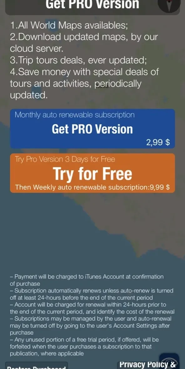 Offline Maps Europe paywall screen