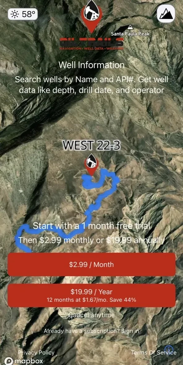 OilTrails paywall screen