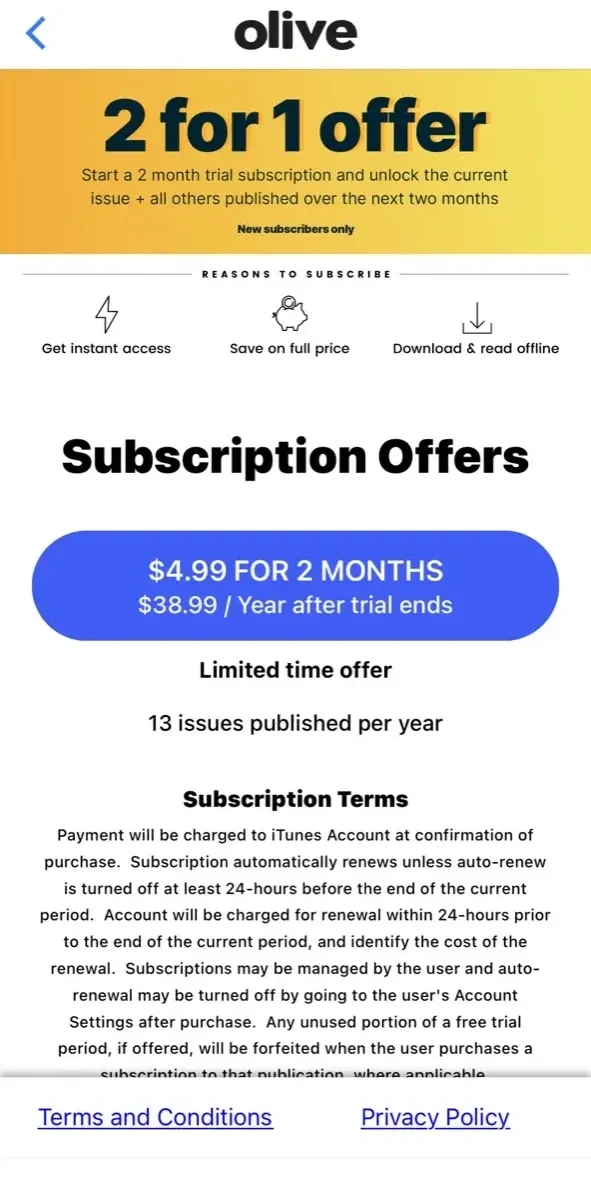 olive Magazine paywall screen