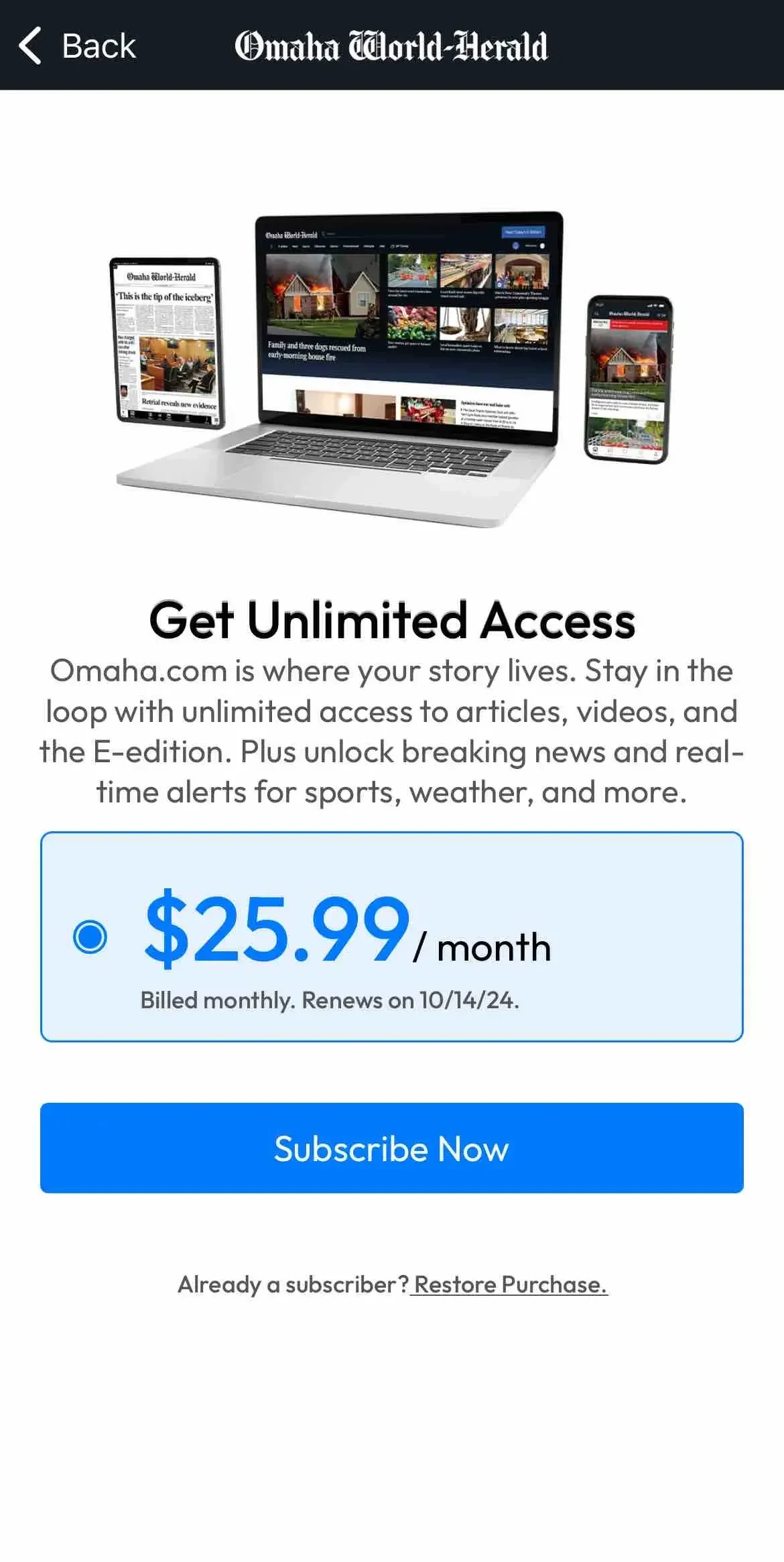 Omaha World paywall screen
