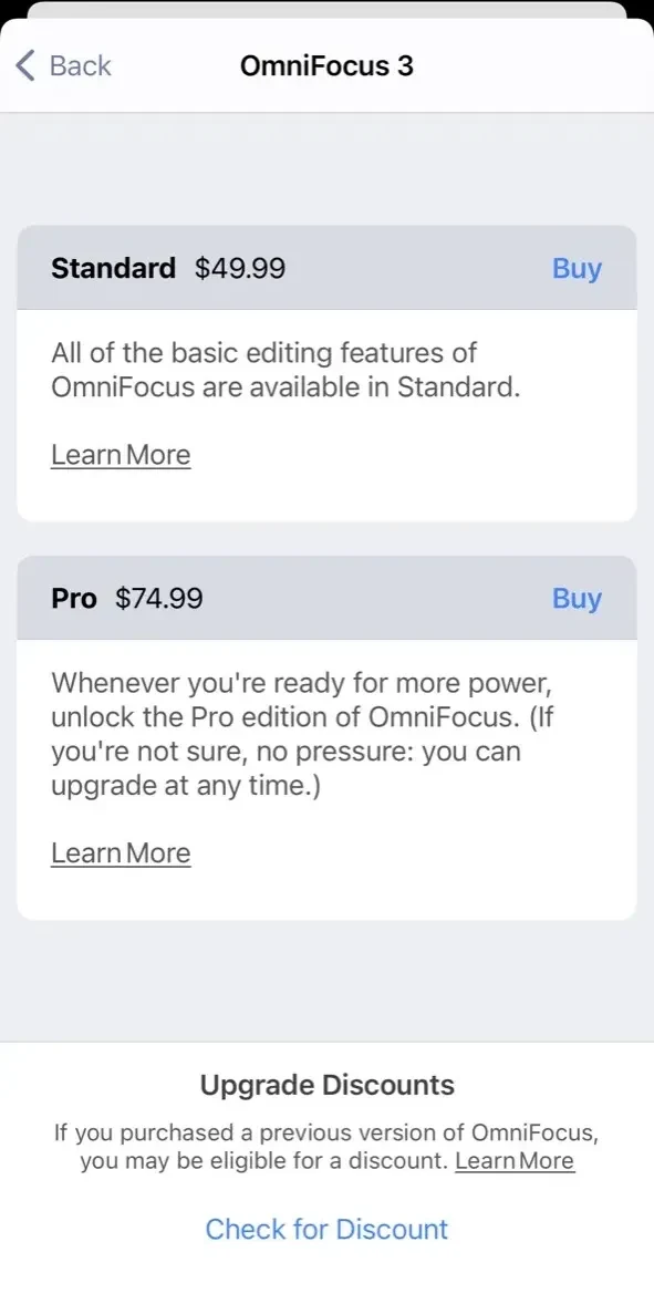 OmniFocus 3 paywall screen