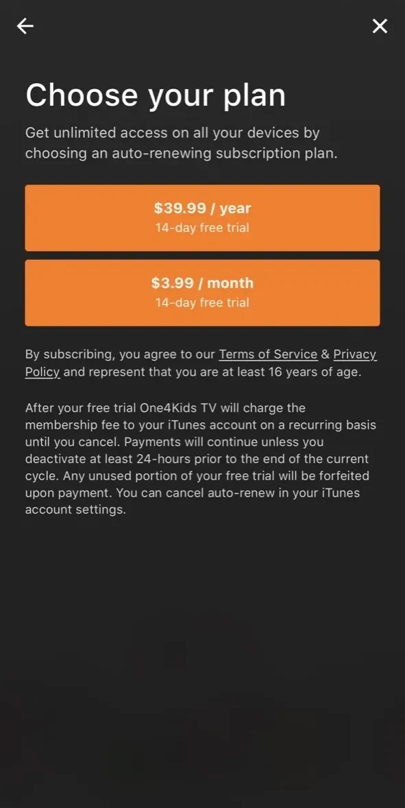 One4Kids TV paywall screen