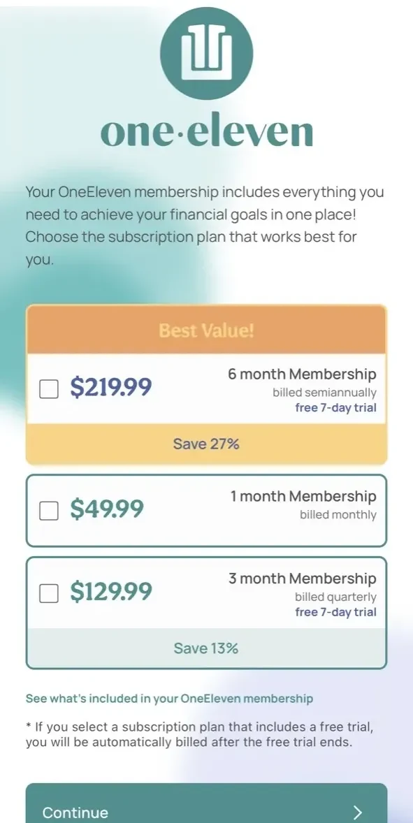 OneEleven Financial Wellness paywall screen