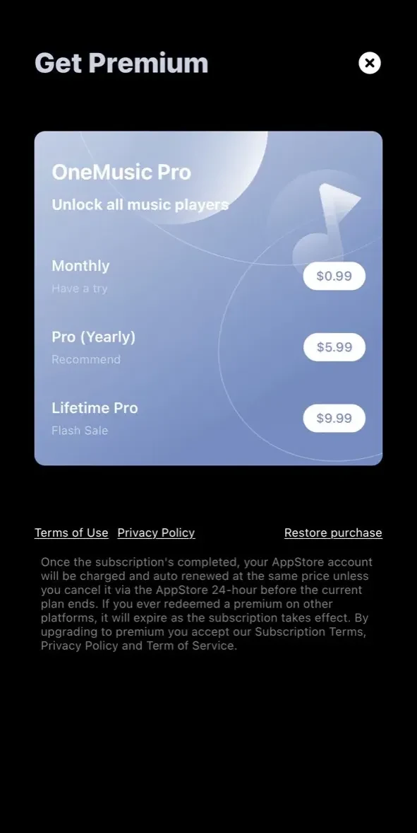 OneMusic paywall screen