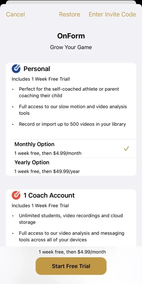 Onform paywall screen