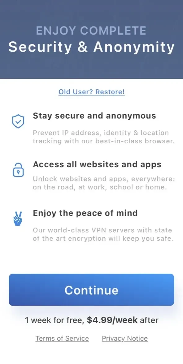 Onion Browser paywall screen