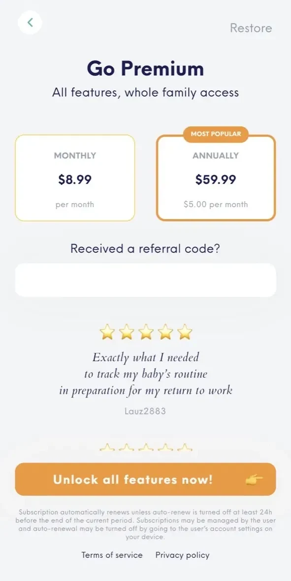 Onoco paywall screen