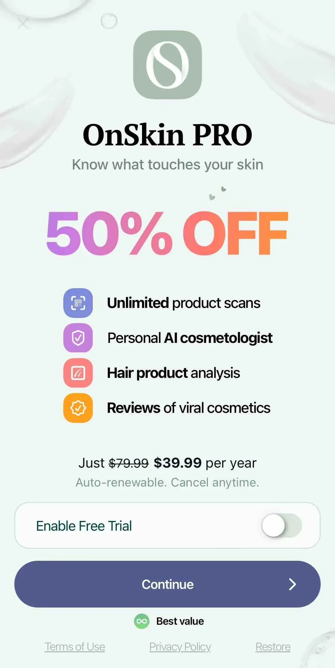 OnSkin paywall screen