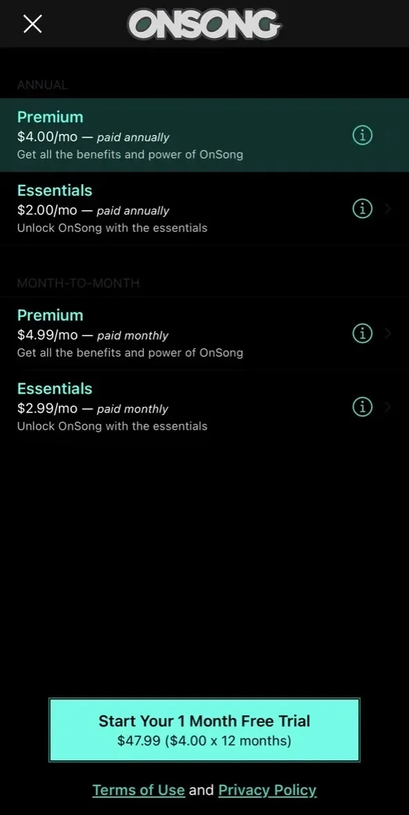 OnSong 2024 paywall screen