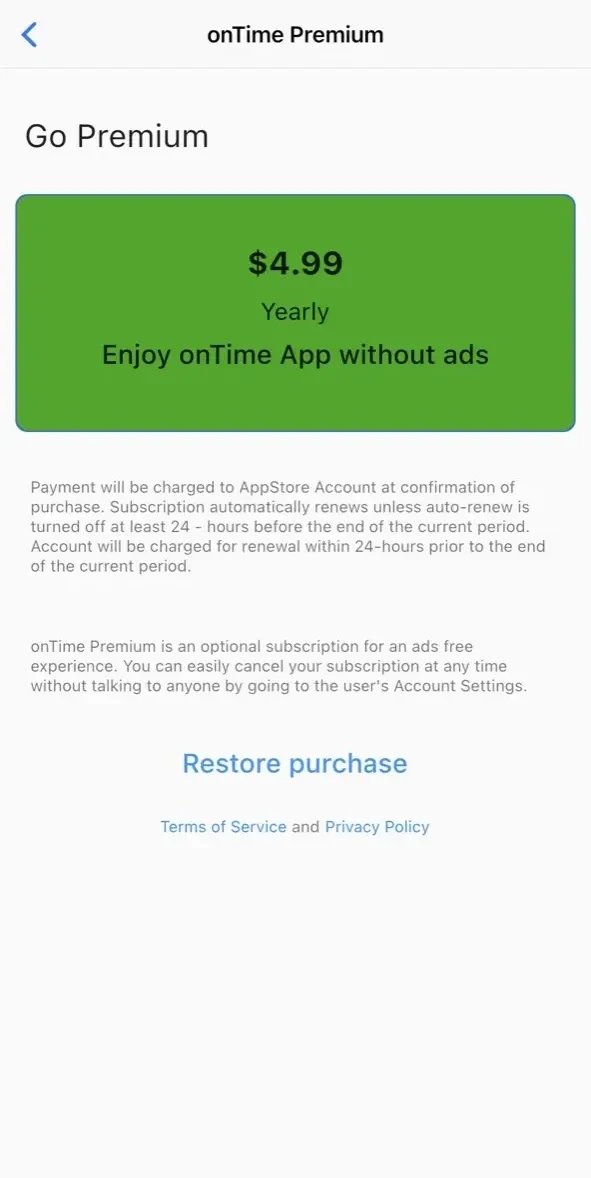 onTime LIRR paywall screen