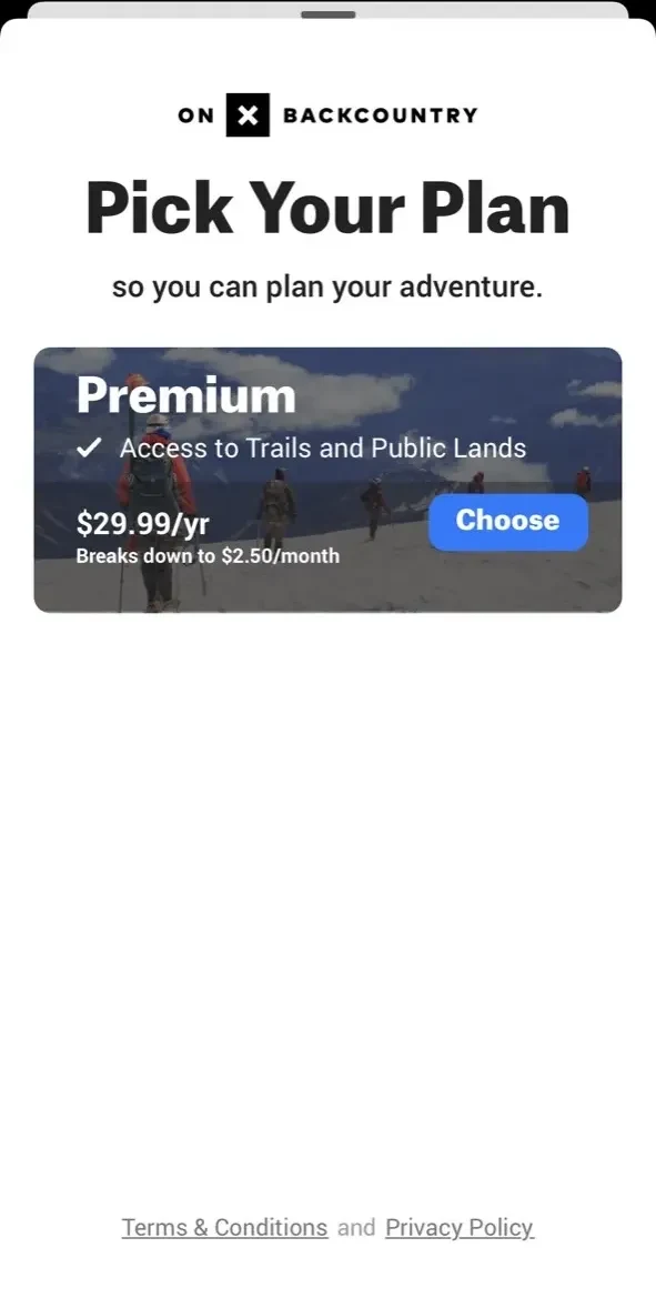 onX Backcountry Hiking Trails paywall screen