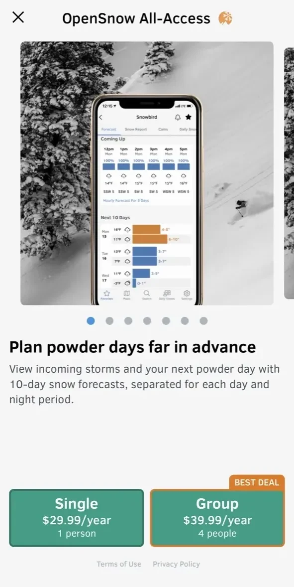 OpenSnow paywall screen