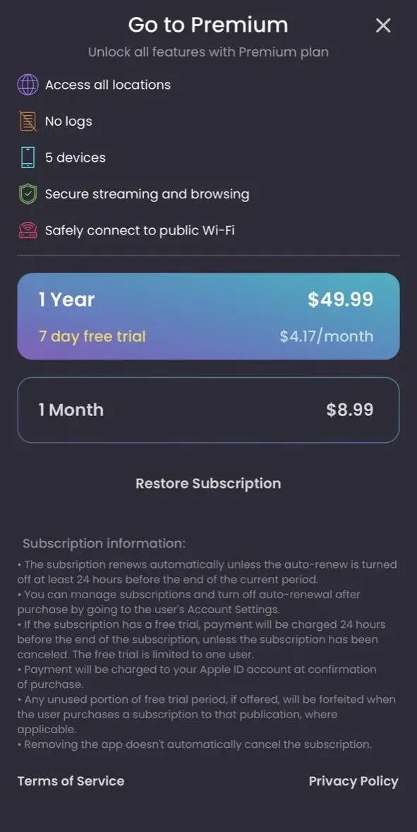 OpticalVPN paywall screen