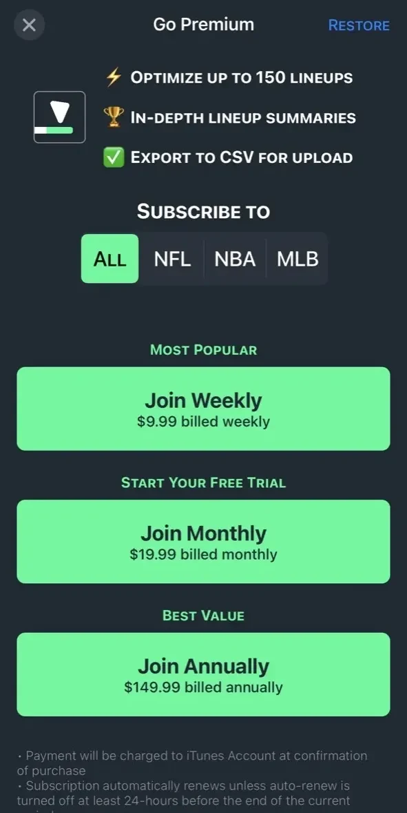 Optimal DFS paywall screen