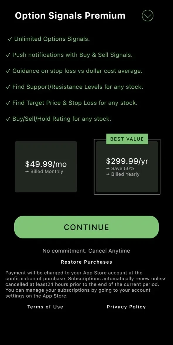 Option Signals paywall screen