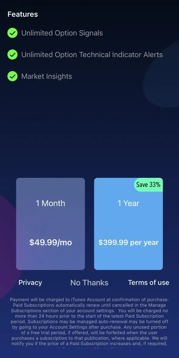 Options Alerter paywall screen