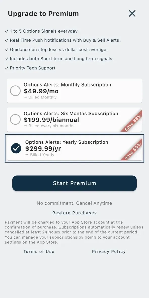 Options Alerts paywall screen