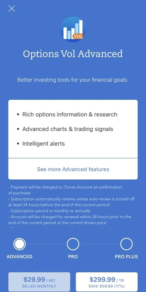 Options Volume with AR paywall screen