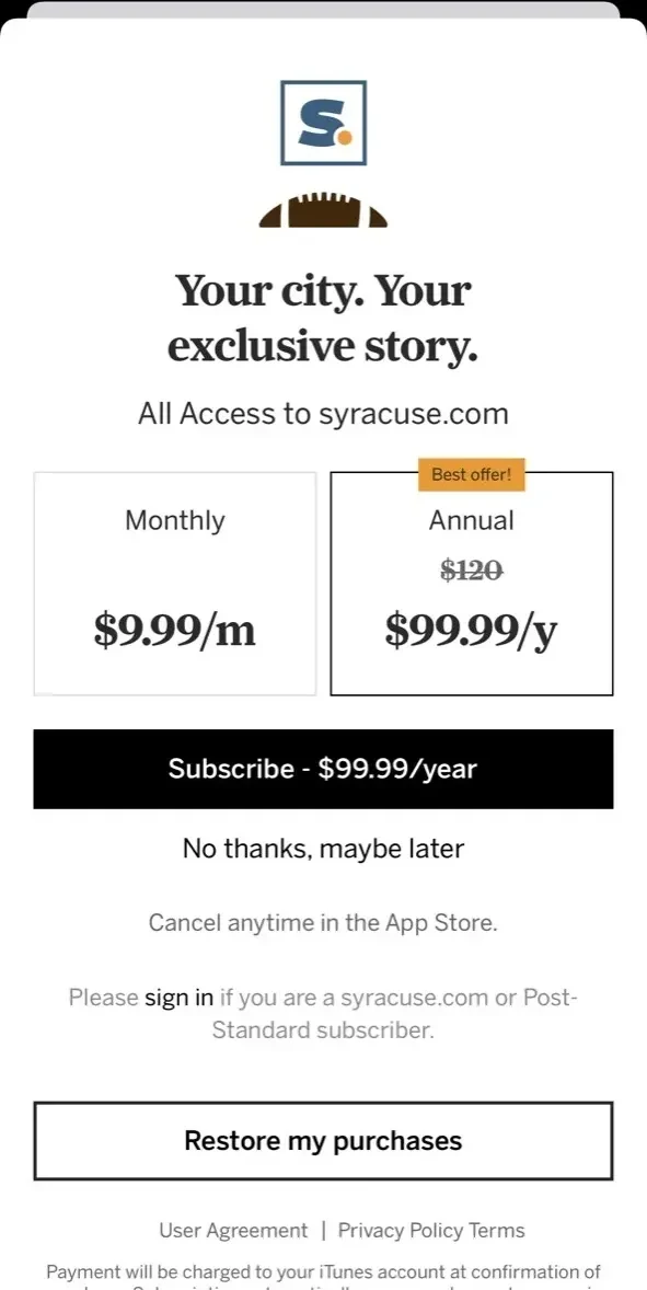 Orange Football News paywall screen