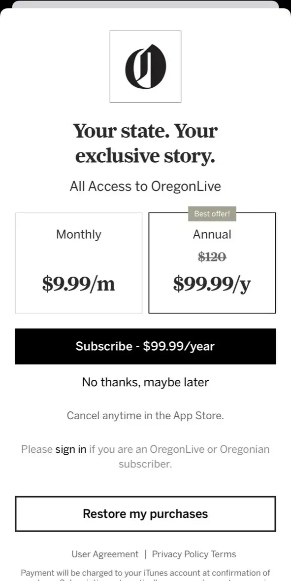 Oregonlive paywall screen