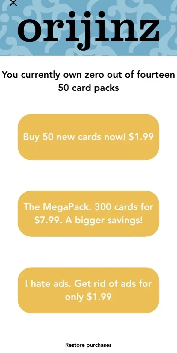 Orijinz paywall screen