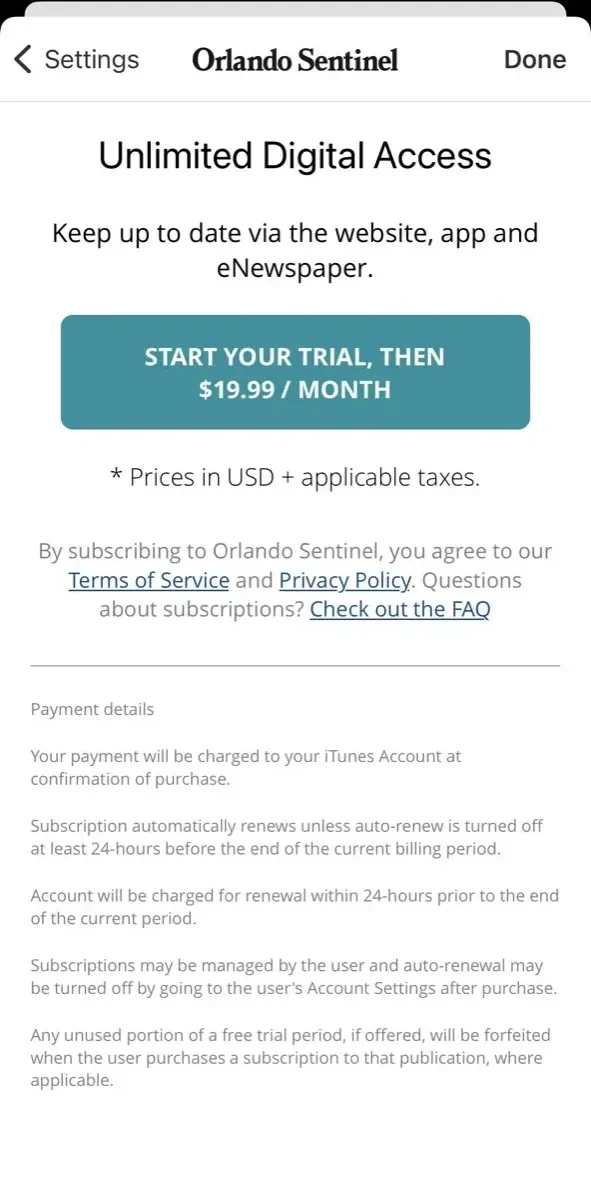 Orlando Sentinel paywall screen