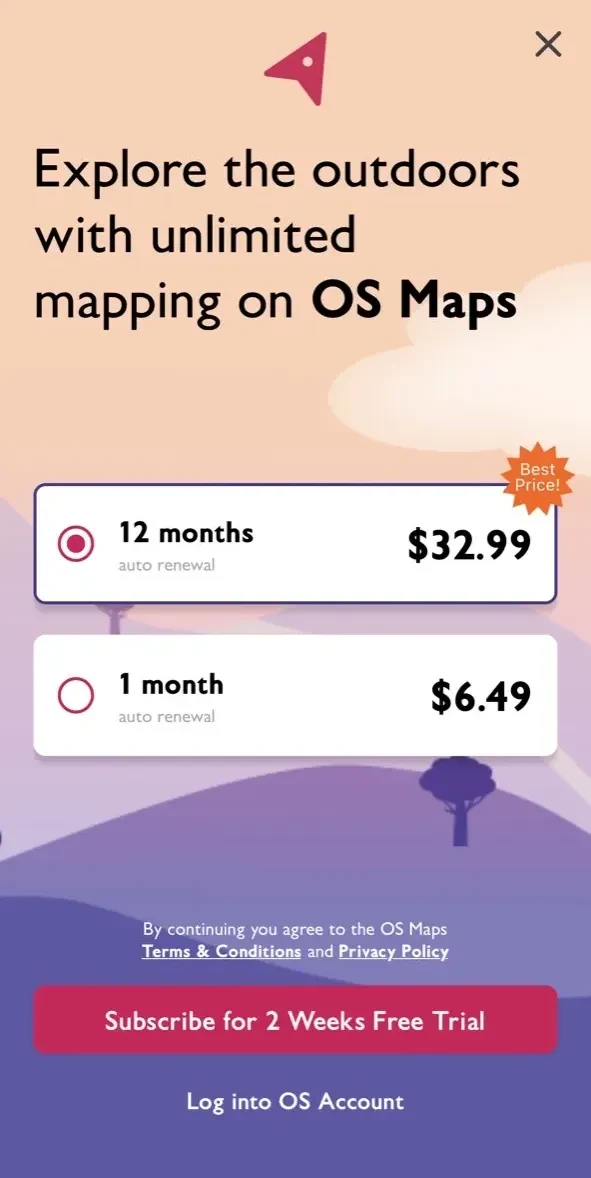 OS Maps paywall screen