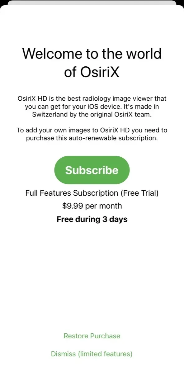 OsiriX HD paywall screen