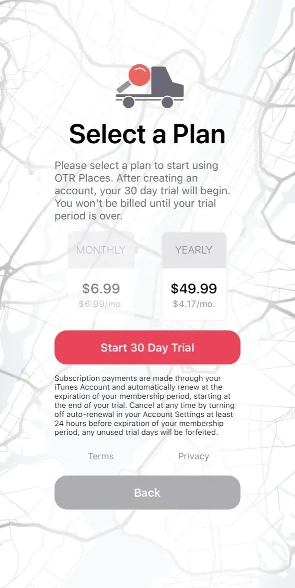 OTR Places paywall screen