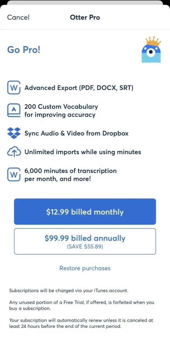 OtterAI Transcribe Voice Notes paywall screen