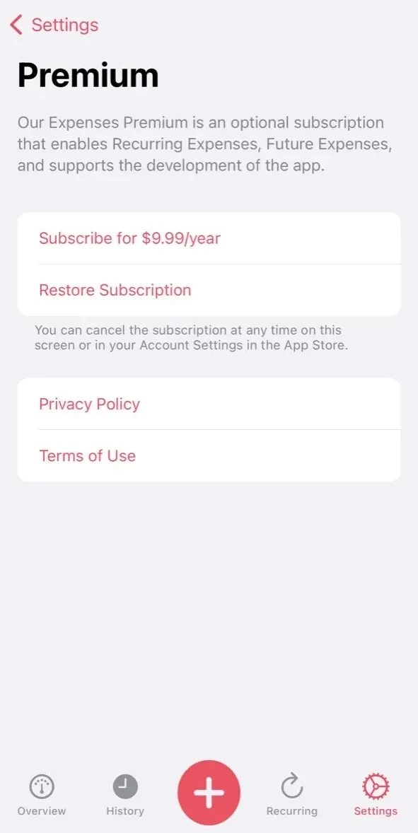 Our Expenses paywall screen
