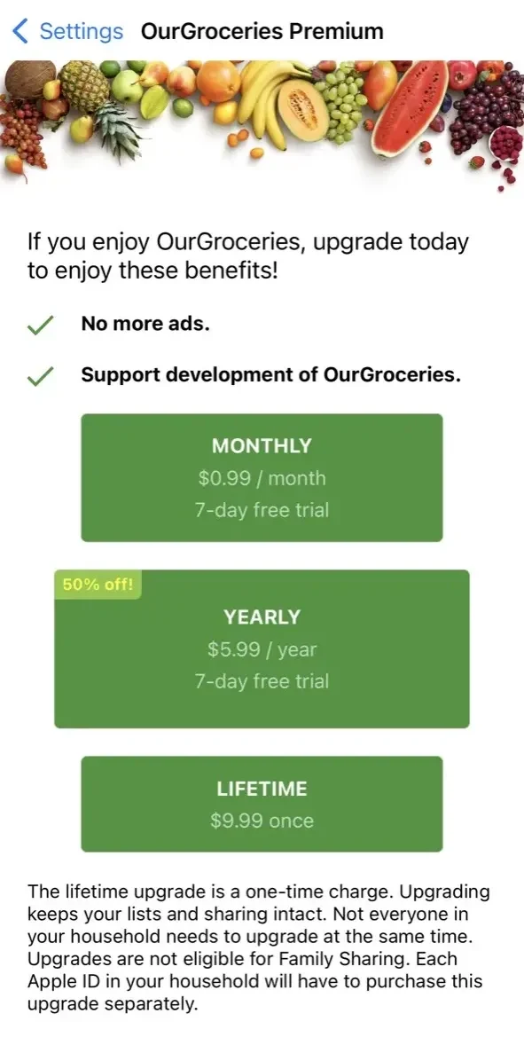 Our Groceries Shopping List paywall screen