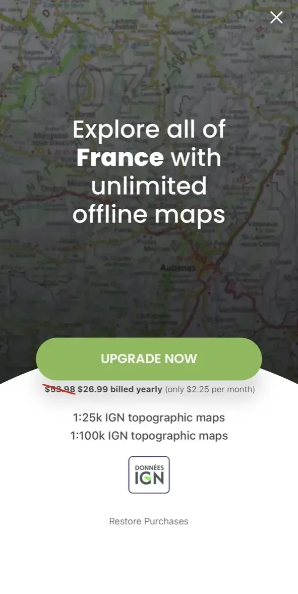 OutDoors GPS France paywall screen