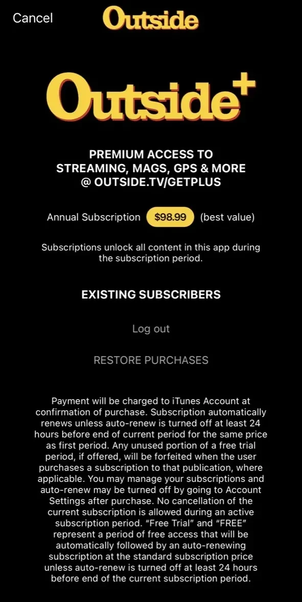 Outside TV paywall screen